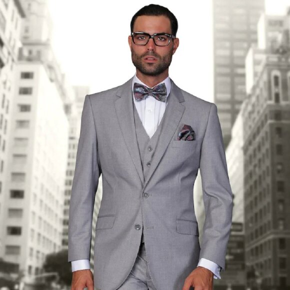 Mens 2 Button Modern Fit Vested Wool Suit in Grey - Picture 1 of 2